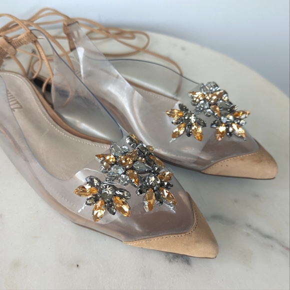 Schutz Clear Vinyl Pointed Toe Rhinestone Ankle Wrap Flats - Picture 5 of 11